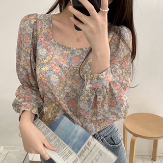 Womens Floral Blouses Korean Sweet Print Tops Female Autumn Wear Long Sleeve Square Collar Shirts Fashion Chiffon Blouse Lady