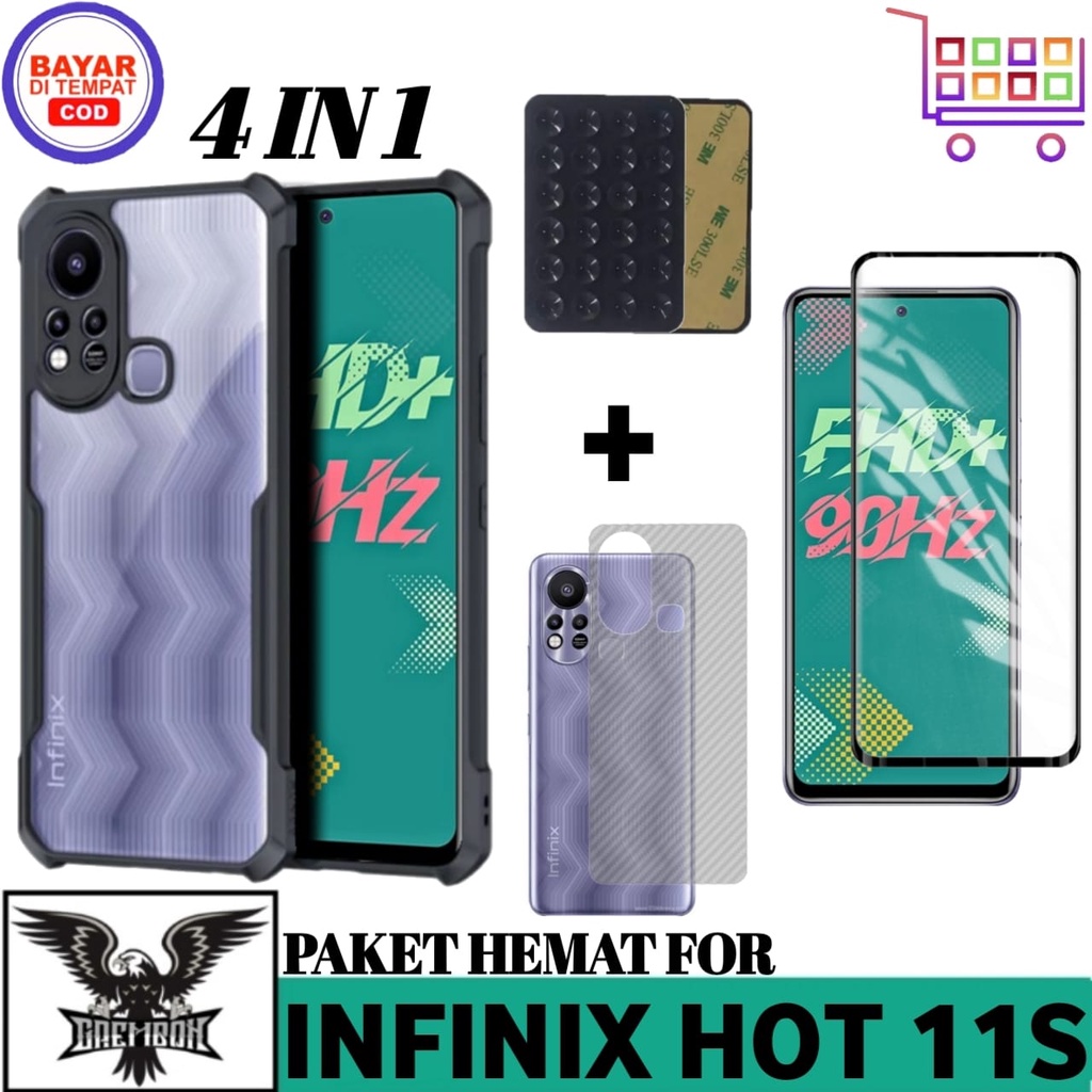 LAYAR PACKAGE 4IN1 CASE INFINIX HOT 11S SOFT CASE ARMOR ฟรีจอ TG + GARSKIN และ OCTOPUS
