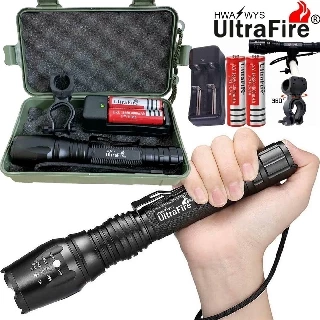 100000LM ไฟฉาย UltraFire แบบชาร์จ T6 ไฟฉาย LED ไฟฉายยุทธวิธีไฟฉายสว่างพิเศษ