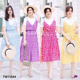 TwinsShopVip💗พร้อมส่ง TW11644 Set #สาวอวบ เสื้อคอกลม+เดรสสายเดี่ยว ลายดอกไม้