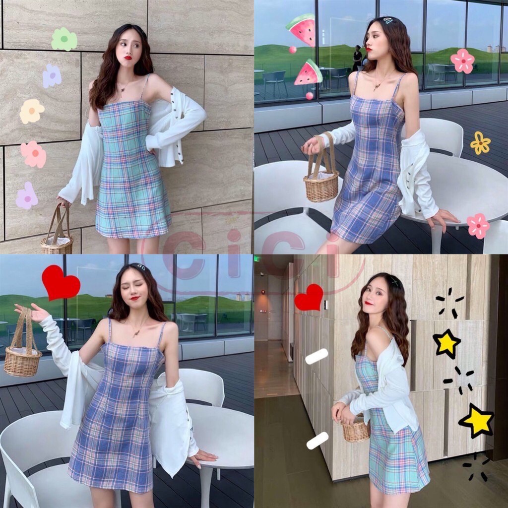 cicishop CICISHOP 🍓พร้อมส่ง🍍เดรสลายสก๊อตสายเดี่ยว/แขนสั้น ผ้าลินิน ทรงน่ารัก(1979/1980)