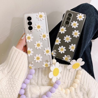 เคสโทรศัพท์มือถือ ลายดอกไม้หน้ายิ้ม พร้อมที่ตั้งวาง และโซ่ สําหรับ Samsung Z Fold4 Z Fold3