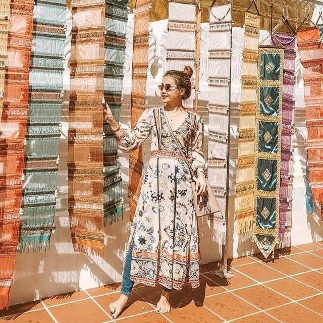 พร้อมส่งกดสั่งได้เลย​ มีสีครีม​สีเดียว เสื้อตัวยาวทรงเดรส​ Morocco​ Bohemian​ Long​ Tshirt ใส่เที่ยวทะเลเก๋ๆถ่ายรูปชิคๆ