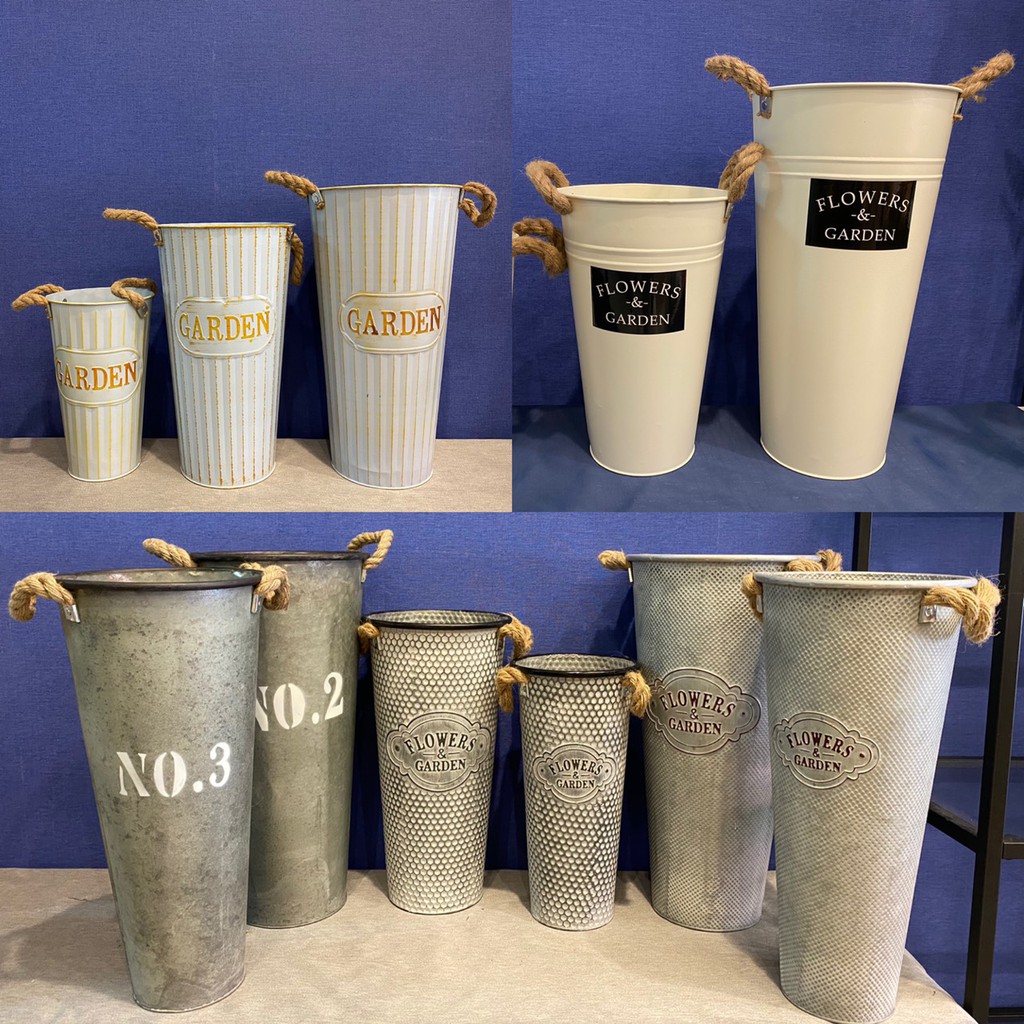 กระถางดอกไม้ กระป๋องสังกะสี ถัง มีหูจับ เชือก สไตล์วินเทจ Vintage