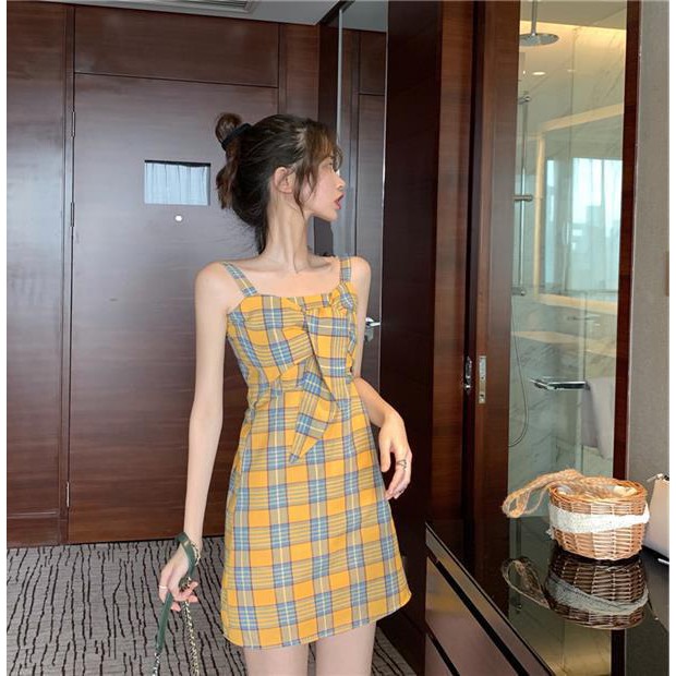**ส่งจากไทย**เดรส ซีรีย์สายเดี่ยว สีเหลืองลายสก็อต โบว์หน้า สไตล์ เกาหลี แฟชั่นเกาหลี ใส่สบาย รหัสสินค้า 16085