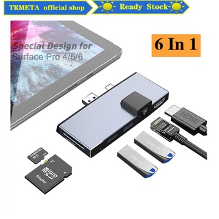 Trmeta 6 in 1 ฮับอะแดปเตอร์แปลงการ์ดรีดเดอร์ Microsoft Surface Pro 4 Pro 5 Pro 6 พร้อม USB 3.0 เป็น HDMI 4K การ์ด SD TF