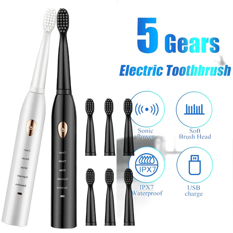 ใหม่ล่าสุด แปรงสีฟันไฟฟ้า โซนิค ตั้งเวลาได้ IPX7 พร้อมหัวแปรง 4 ชิ้น สําหรับเด็ก และผู้ใหญ่