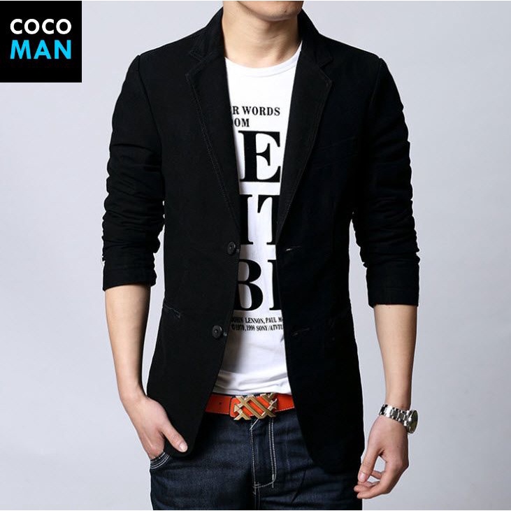 COCO-MAN พร้อมส่ง เสื้อสูทผู้ชาย สีดำ กระดุม 2 เม็ด แต่งกระเป๋าข้าง สูทลำลอง สูทใส่ทำงาน