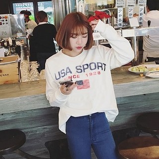 เสื้อแฟชั่น คอกลม แขนยาว ลาย USA Sport สีขาว 8619