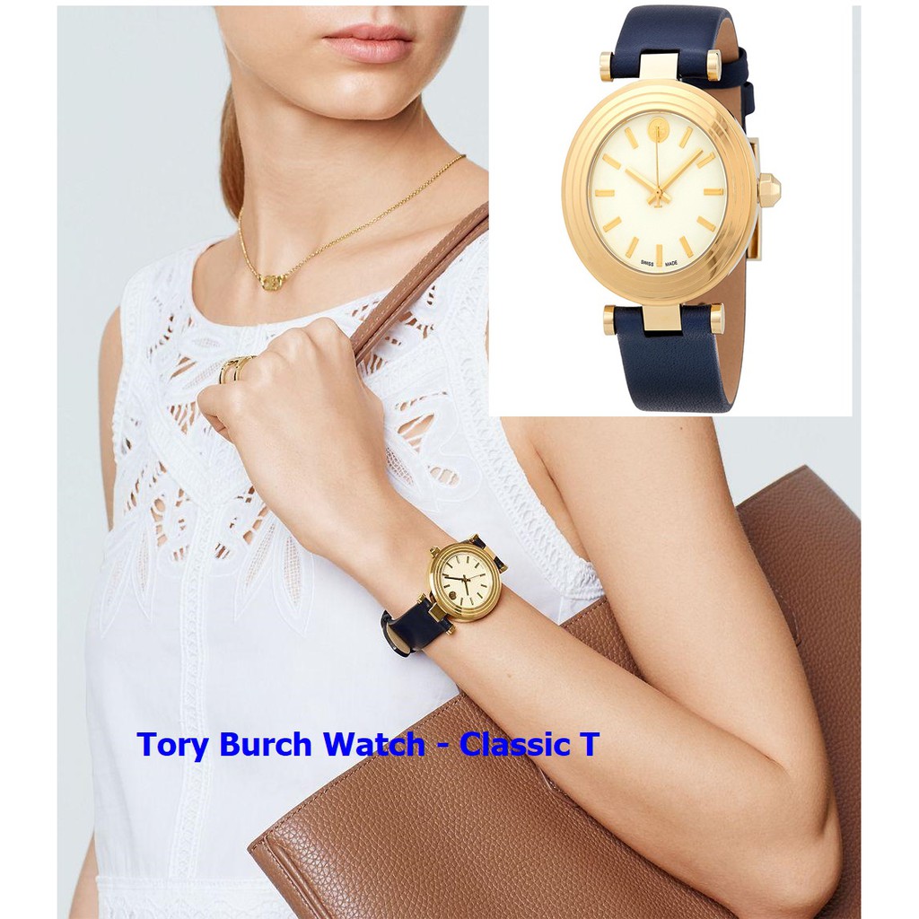 นาฬิกา Tory Burch Classic-T Leather Strap Watch, 36mm,NAVY/ IVORY/ GOLD