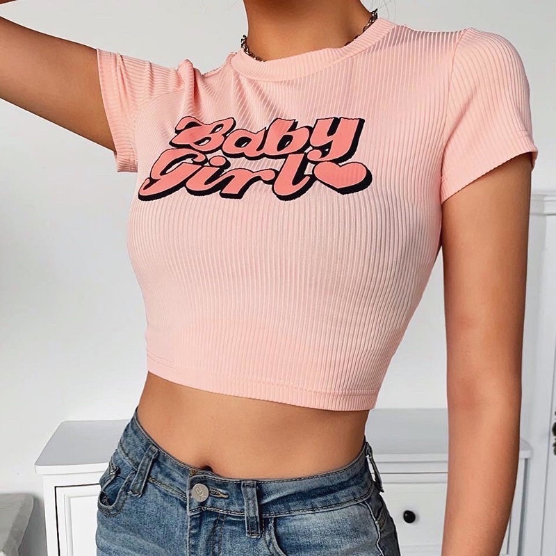 พร้อมส่ง➡️เสื้อครอปครึ่งตัวแขนสั้น พร้อมส่ง เสื้อเอวลอย เสื้อยืด สกรีนลาย Baby Girl งานผ้าร่อง งานสวยจ้า