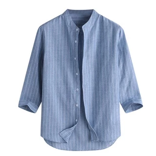 [พร้อมส่ง]เสื้อเชิ้ตผ้าลินิน，สำหรับผู้ชาย เสื้อเชิ้ตคอจีนแขนยาว，ลายทางแนวตั้ง