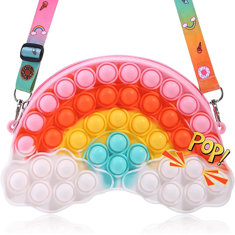 กระเป๋าสะพายไหล่ซิลิโคน Pop It สีรุ้ง เปิดเครื่องรูด Bubble