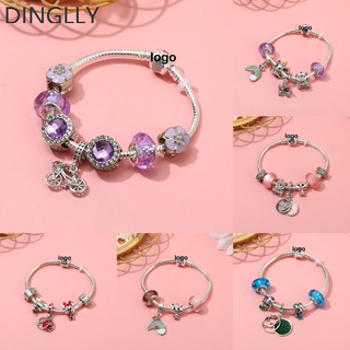 Dinglly สร้อยข้อมือลูกปัดคริสตัลสีม่วง จักรยานสายรุ้ง จี้รูปสัตว์น่ารัก เครื่องประดับสําหรับผู้หญิง