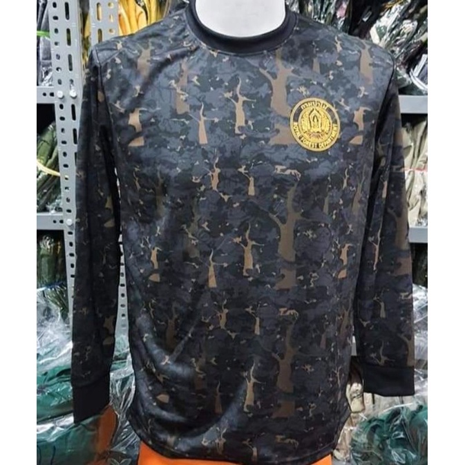 เสื้อป่าไม้/เสื้อยืดลายพรางดำล้วน-ป่าไม้ แขนยาว(ฟองน้ำไหล่-ศอก)ผ้ากีฬา/เครื่องแบบป่าไม้/ชุดป่าไม้