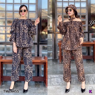 🐅⚡️ชุดเที่ยว Set 3 ชิ้น เสื้อปาดไหล่ แขนยาว ใส่แบบคลุมไหล่ก็ได้ มากับกางเกงขายาวเอวยางยืดเส้นใหญ่