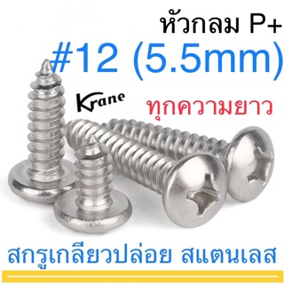 สกรูเกลียวปล่อย หัวกลม P+ #12 สแตนเลส ทุกความยาว ตะปูควง หัวนูน หัวกระดุม