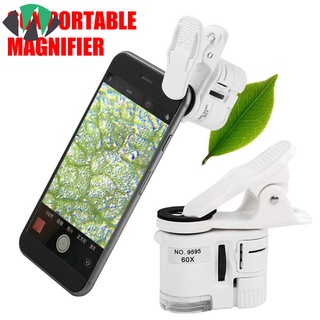 60X Portable Clip Magnifier Loupe UV Microscope Universal Mobile Phone with Mini LED