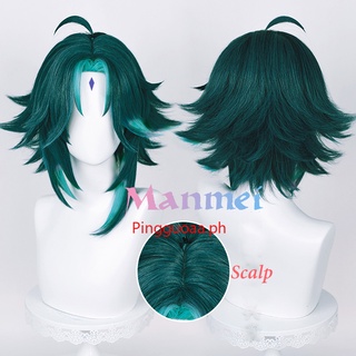 Manmei Game Genshin Impact Xiao Cosplay Wig 40cm Short Green Hair Heat Resistant Synthetic Party Wigs