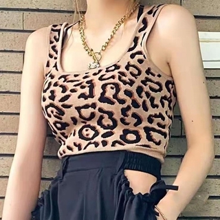 Fulllove เสื้อกล้าม/สายเดี่ยว Womens Tank Tops Leopard Sexy Knitted Sweet Plaid Slim Cami Tops