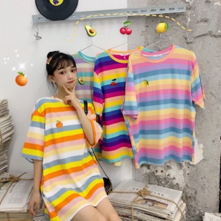 🇹🇭พร้อมส่ง🌈🌈เสื้อโอเวอร์ไซส์ colorful t-shirt ปักผลไม้ 🍒🥝🍊🍋