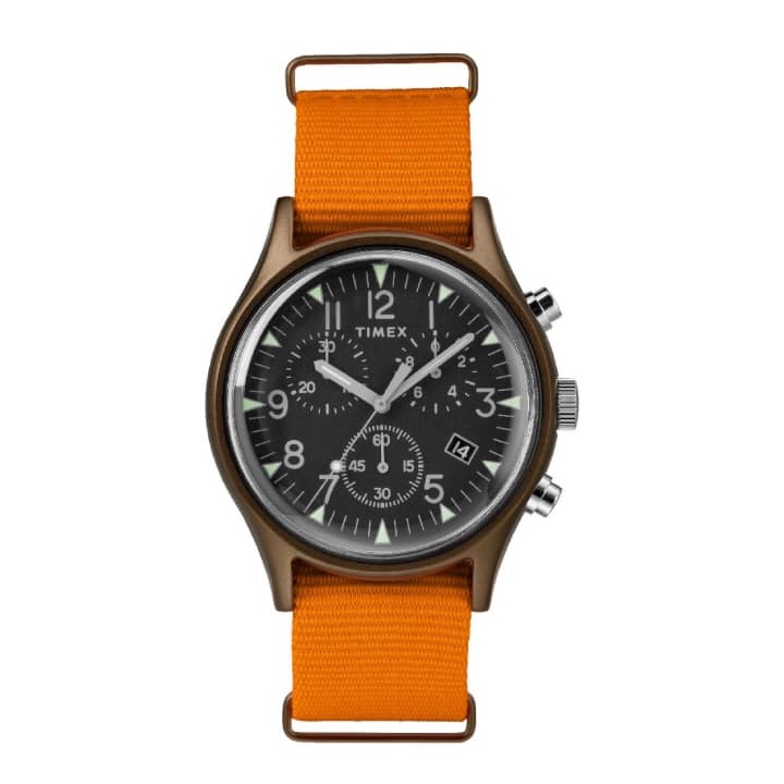 Timex TW2T10600 MK1 Aluminum Chronograph นาฬิกาข้อมือผู้ชายสายผ้า สีส้ม หน้าปัด 43 มม.