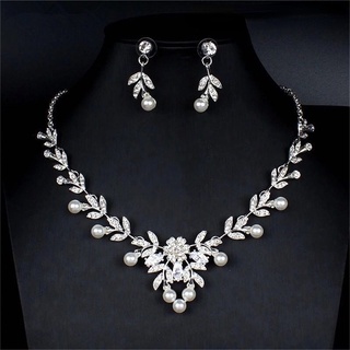 ชุดเครื่องประดับ สร้อยคอ ต่างหู ประดับมุก ดอกไม้ สีขาว สําหร…