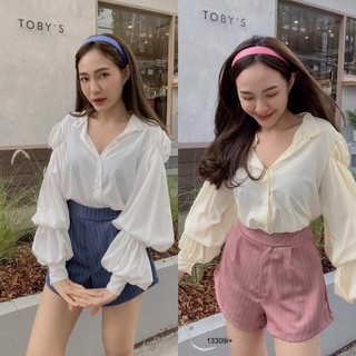 TwinsShopVip💗พร้อมส่ง TW13309 Set 2 ชิ้น เสื้อแขนยาวจั้มแขน + กางเกงขาสั้น