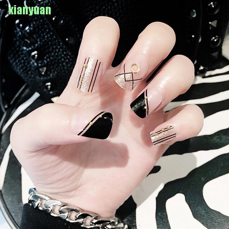 【Purpleredto】24Pcs Acrylic Designer Fake Nail Tips French Full False