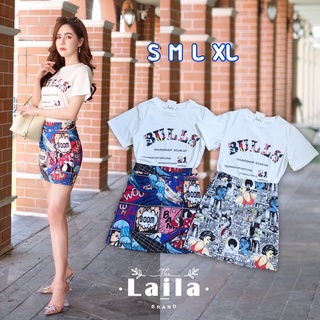 Set เสื้อ+กระโปรง เสื้อยืดงานผ้าคอตตอลนำเข้าสีขาวพิมพ์ลาย 2 ลาย By Laila brand👑