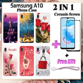 2 IN 1 เคสโทรศัพท์ Samsung A10 พร้อมกระจกนิรภัยกันรอยเซรามิกหน้าจอโค้งฟิล์มนิรภัยโรแมนติก