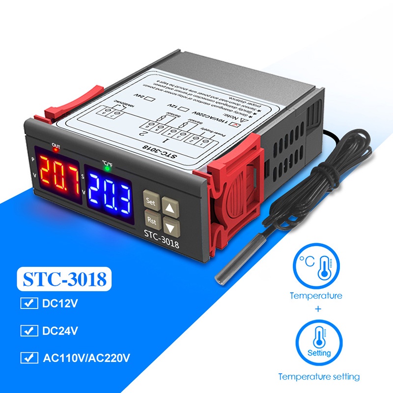STC-3018 12V/24V/110-220V Dual Digital Temperature Controller Sensor Thermostat พร้อม NTC Sensor ความยาวสาย 1M อุณหภูมิ