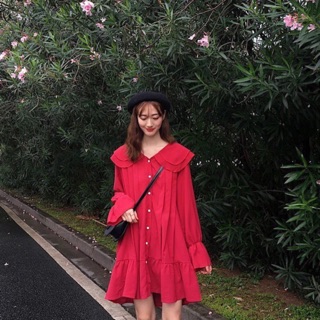 Red Dress 🌹ร้าน katcatstore เดรสกระโปรงแขนยาวสีแดง