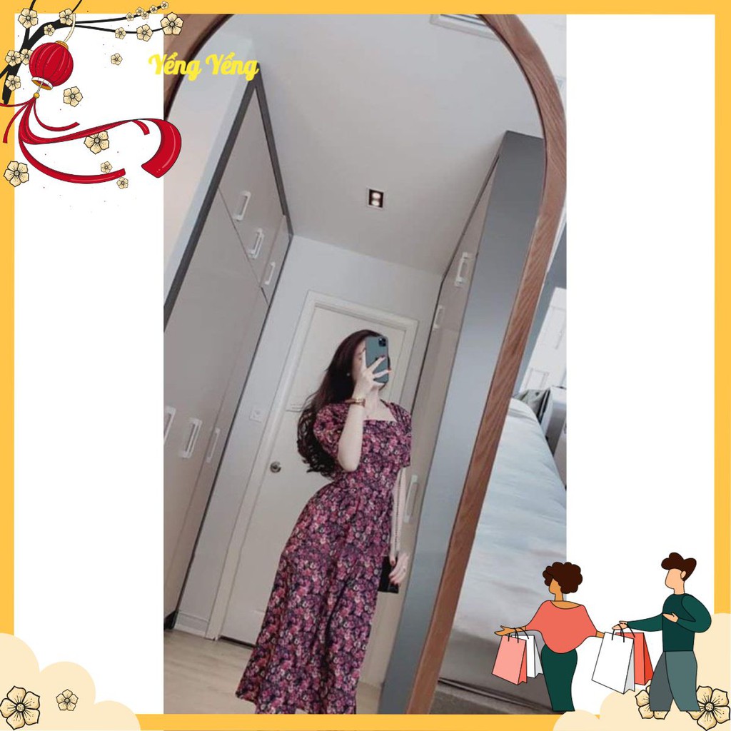 VNU239 - เดรสลายดอกไม้สีชมพูสีม่วงพร้อมคอสี่เหลี่ยม