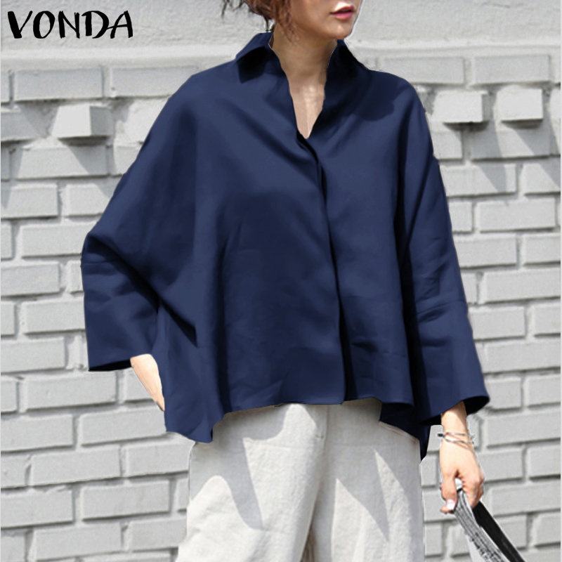 Vonda เสื้อเบลาส์ เสื้อทูนิค คอปก แขนยาว ทรงหลวม ลําลอง สีพื้น สําหรับผู้หญิง