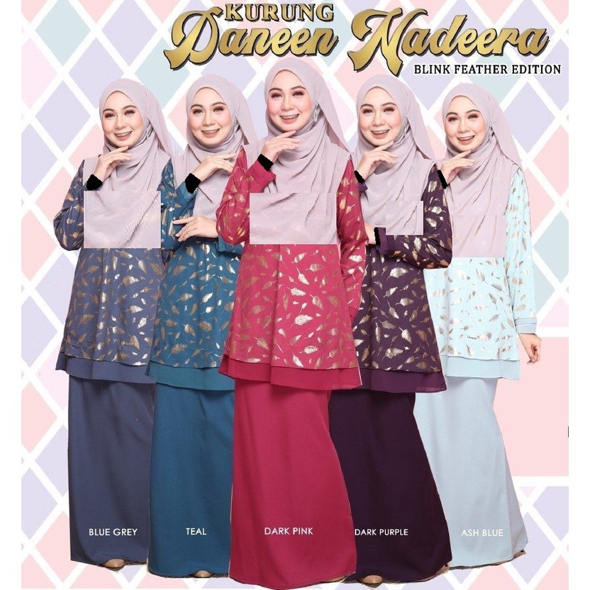 Kurung Moden Retro Danin Shaza Blue Grey Teal Dark Pink Dark Purple Ash Blue Gold Brown