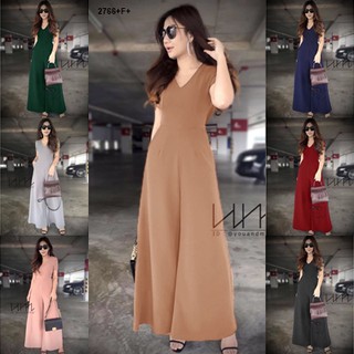 SS2766 Jumpsuit จั้มสูท ขาบานทรงA แขนสั้น คอวี