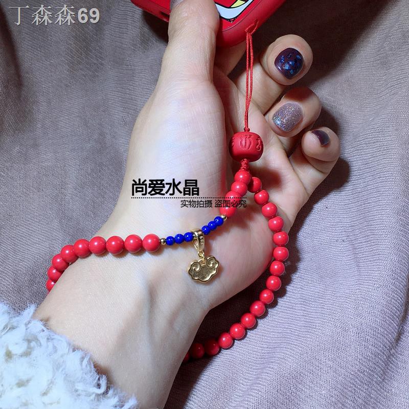 ◕●☜ต้นฉบับใหม่ ห่วงโซ่โทรศัพท์มือถือลูกปัดที่แขวนเครื่องประดับ ทรายจีน ทองชาด จี้ข้อมือสั้น ปีเกิด สีแดง สตริง