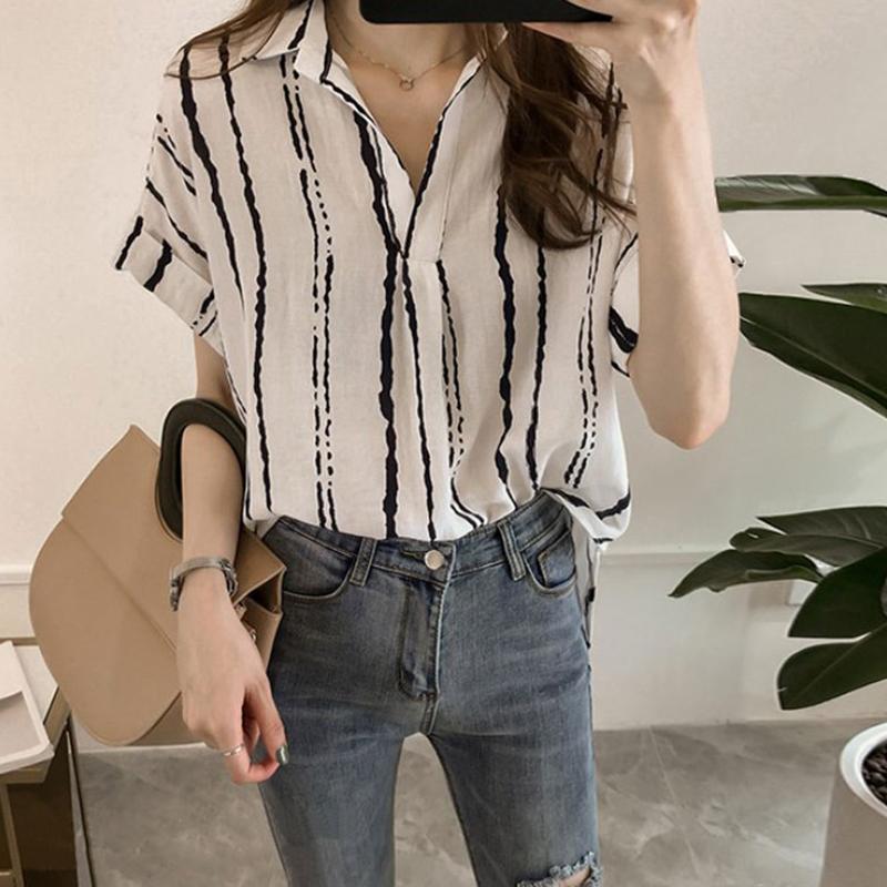มาใหม่ พร้อมส่ง ไซส์ M-4XL เสื้อเชิ้ต ทรงหลวมไซส์ใหญ่ แขนสั้นลายทาง Women Classic Blouse Top Shirt