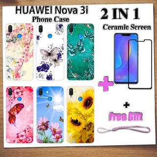 2 IN 1 เคสโทรศัพท์ HUAWEI Nova 3i พร้อมกระจกนิรภัยกันรอยหน้าจอเซรามิค ฟิล์มโค้ง ผีเสื้อ