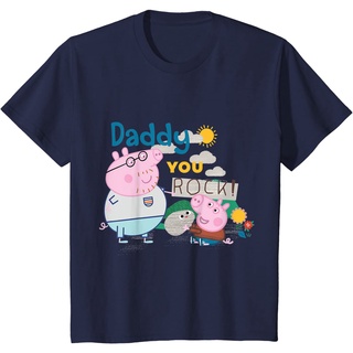 เสื้อยืดผ้าฝ้ายพิมพ์ลาย เสื้อยืดแฟชั่นผู้ชายคอกลมผ้าฝ้ายลาย Youth Peppa Pig Daddy Rocks