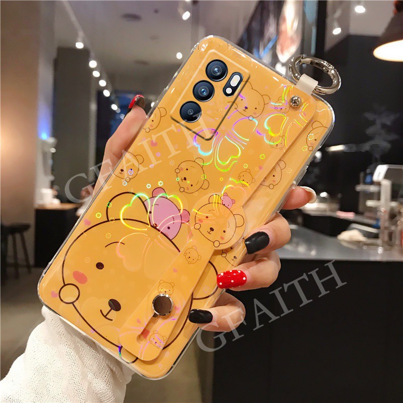 New Style เคส OPPO Reno6 Z 5G  Reno 6 Pro A95 4G A16 A54 A74 5G A94 A93 Reno5 Pro New Case with Wristband Holder Silicone Phone Case Cute Cartoon Bear Cherry Blossoms Back Cover เคสโทรศัพท์ OPPO Reno 6Z OPPOA16 OPPOA54 OPPOA53 OPPOA93