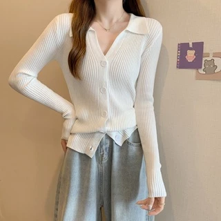 Vogue​🌟​พร้อมส่ง​🌟 เสื้อแขนยาวไหมพรม คอปก กระดุมด้านหน้าสีพาสเทลน่ารัก (13088) -C