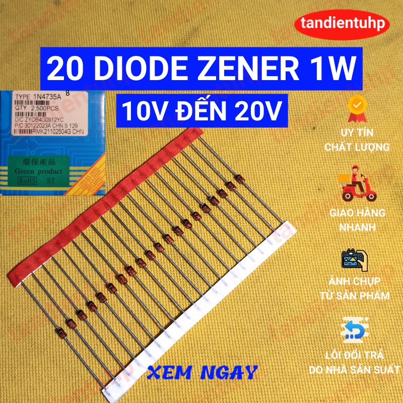 20 Zener ไดโอด 1W pin ประเภทตัวควบคุมแรงดันไฟฟ้าไดโอด DO-41 ค่า: 1N4740A 10V,1N4742A 12V,1N4744A 15V
