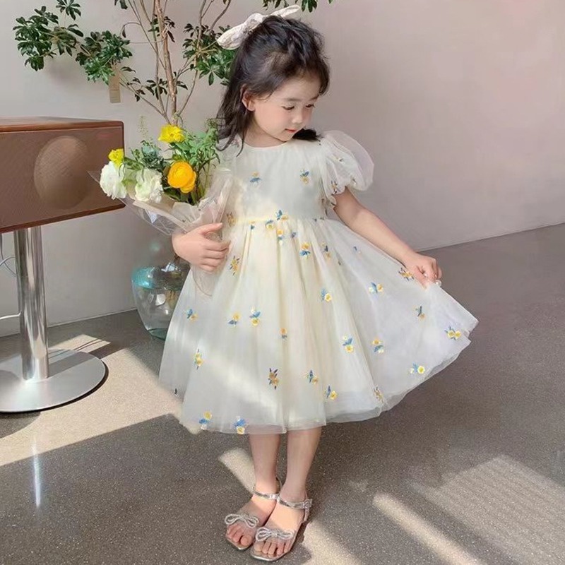 Yesbaby ชุดเดรสเจ้าหญิง แขนสั้น พิมพ์ลายดอกไม้ สไตล์เกาหลี ฤดูร้อน ลําลอง ตาข่ายตูตู