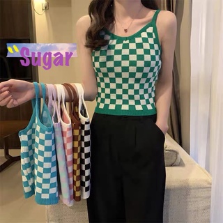 Sugar🌈พร้อมส่ง🌈เสื้อสายเดี่ยว เสื้อไหมพรม ลายตารางยืดได้เยอะมาก(32069)
