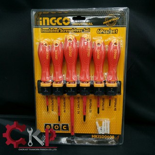 INGCO ชุดไขควงด้ามกันไฟฟ้า 6 ตัวชุด พร้อมแผงติดหนัง #HKISD0608 ( Insulated Screwdriver Set ) - ไขควงชุด