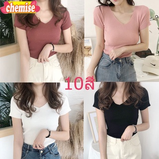 Chemisegrace✨พร้อมส่ง✨เสื้อครอปเอวลอยแขนสั้น แฟชั่น คอวี เสื้อยืดแขนสั้น สีพื้น สีสวย 8222