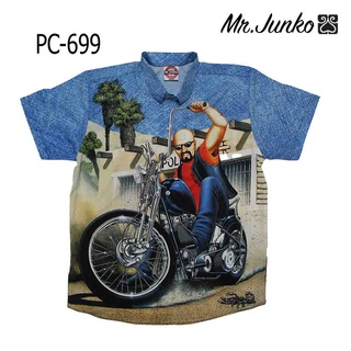 ⚡ ส่งฟรี⚡เสื้อเชิ้ตแขนสั้น งานต่อลาย Mr-Junko ลายคนขี่ช๊อปเปอร์ ผ้านิมใส่สบายไม่ร้อน PC-699