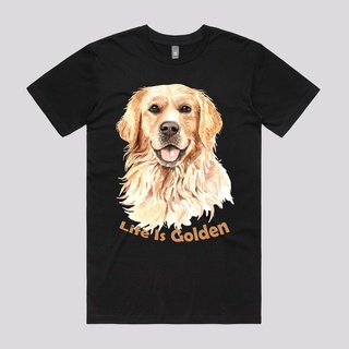 เสื้อยืดผ้าฝ้ายพิมพ์ลายขายดี เสื้อยืด พิมพ์ลายกราฟฟิค Life Is Golden Funny Dog สําหรับผู้ชาย